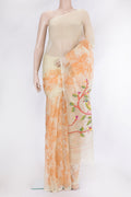 Beige Organza Silk Saree with Floral Print on the body and Without Border.  displayed on a mannequin