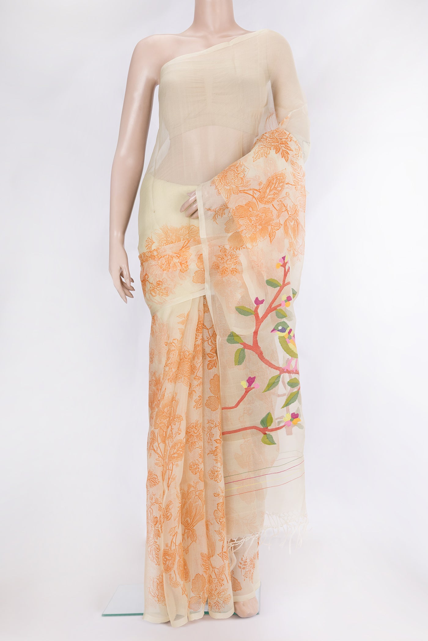 Beige Organza Silk Saree with Floral Print on the body and Without Border.  displayed on a mannequin
