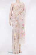 Beige Organza Silk Saree with Floral Print on the body and Zari Border.  displayed on a mannequin