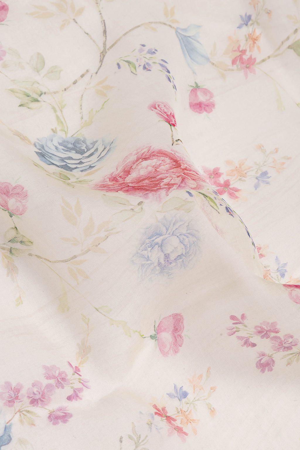 Close up of Sandal Organza Silk Saree with Floral Print on the body and Without Border.  displaying folds