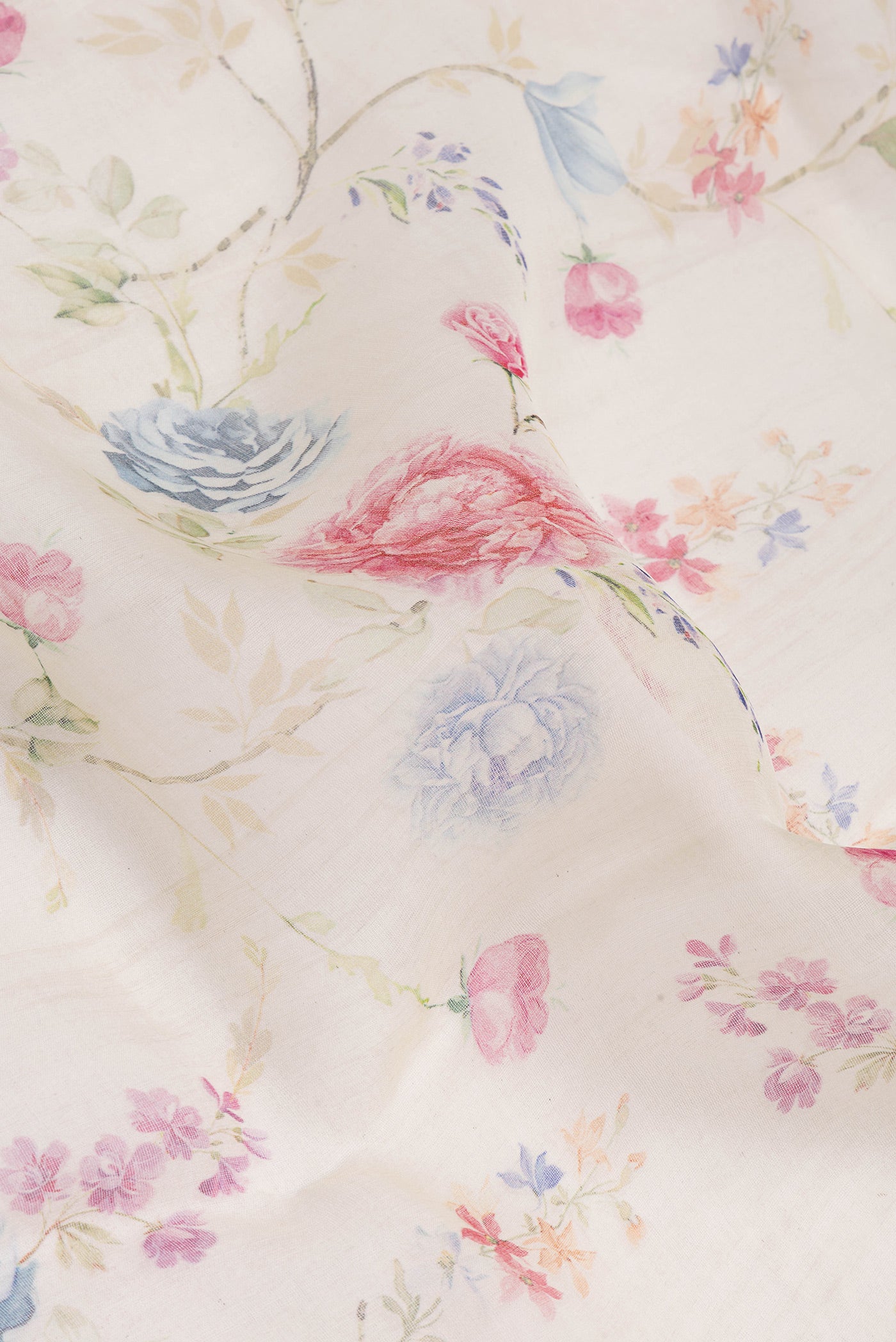 Close up of Sandal Organza Silk Saree with Floral Print on the body and Without Border.  displaying folds
