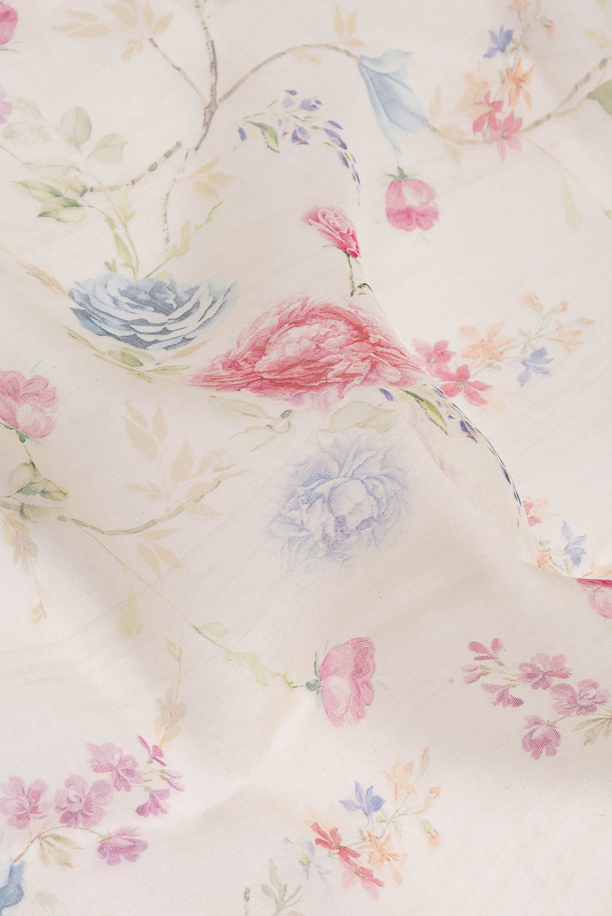 Close up of Sandal Organza Silk Saree with Floral Print on the body and Without Border.  displaying folds