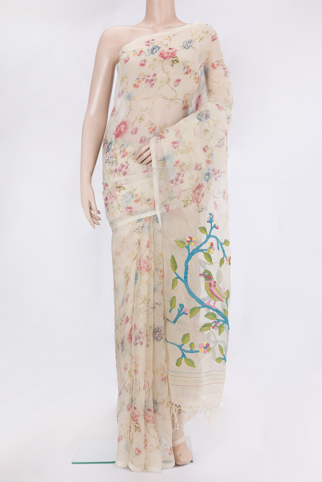 Sandal Organza Silk Saree with Floral Print on the body and Without Border.  displayed on a mannequin