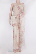 Pure Silk Off White Dual Tone Tussar Saree with Printed design on the body and Fancy Border.  displayed on a mannequin