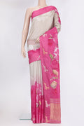 Pure Silk Grey Tussar Saree with Floral Print on the body and Fancy Border.  displayed on a mannequin