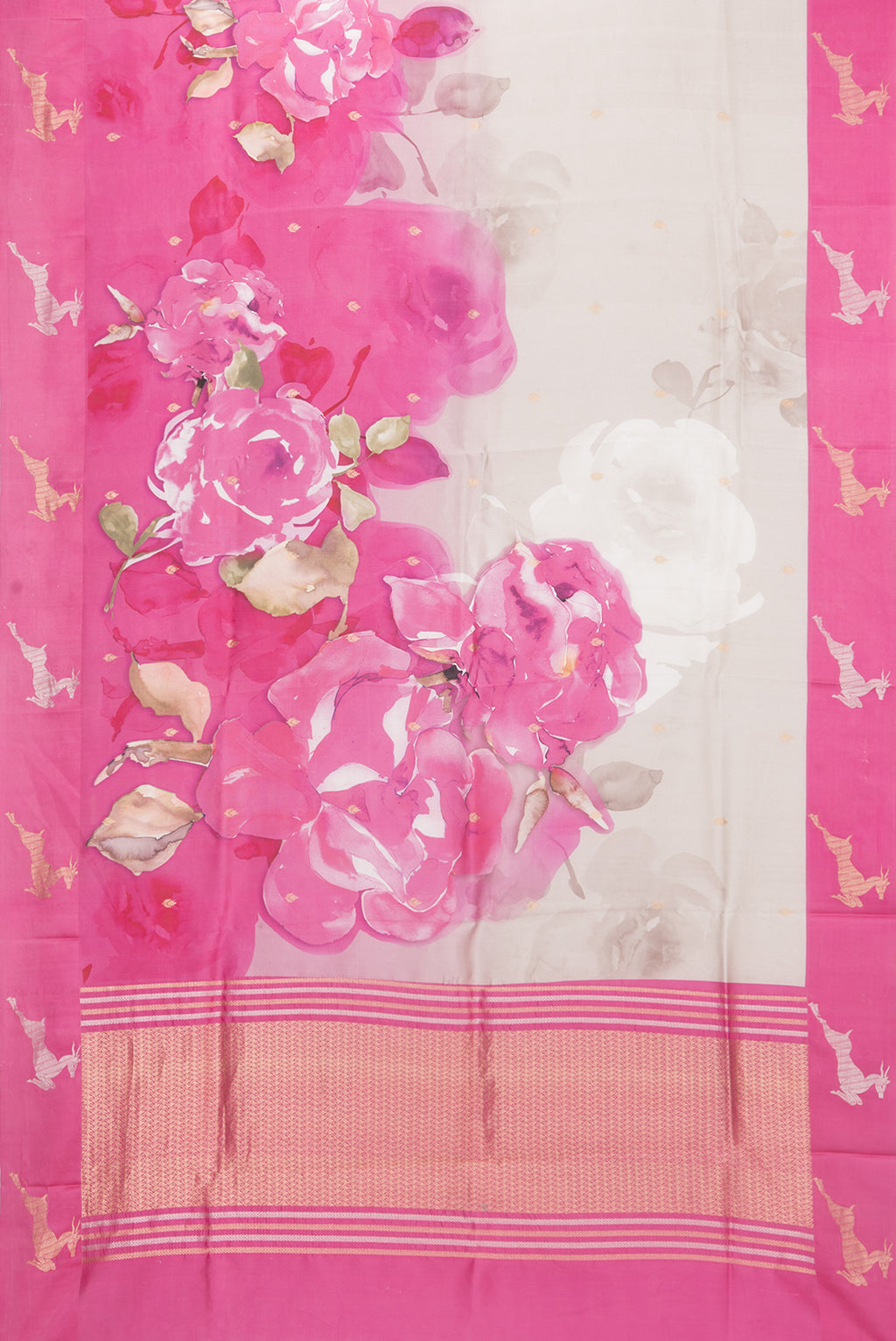 Flat view of Pure Silk Grey Tussar Saree with Floral Print on the body and Fancy Border. 