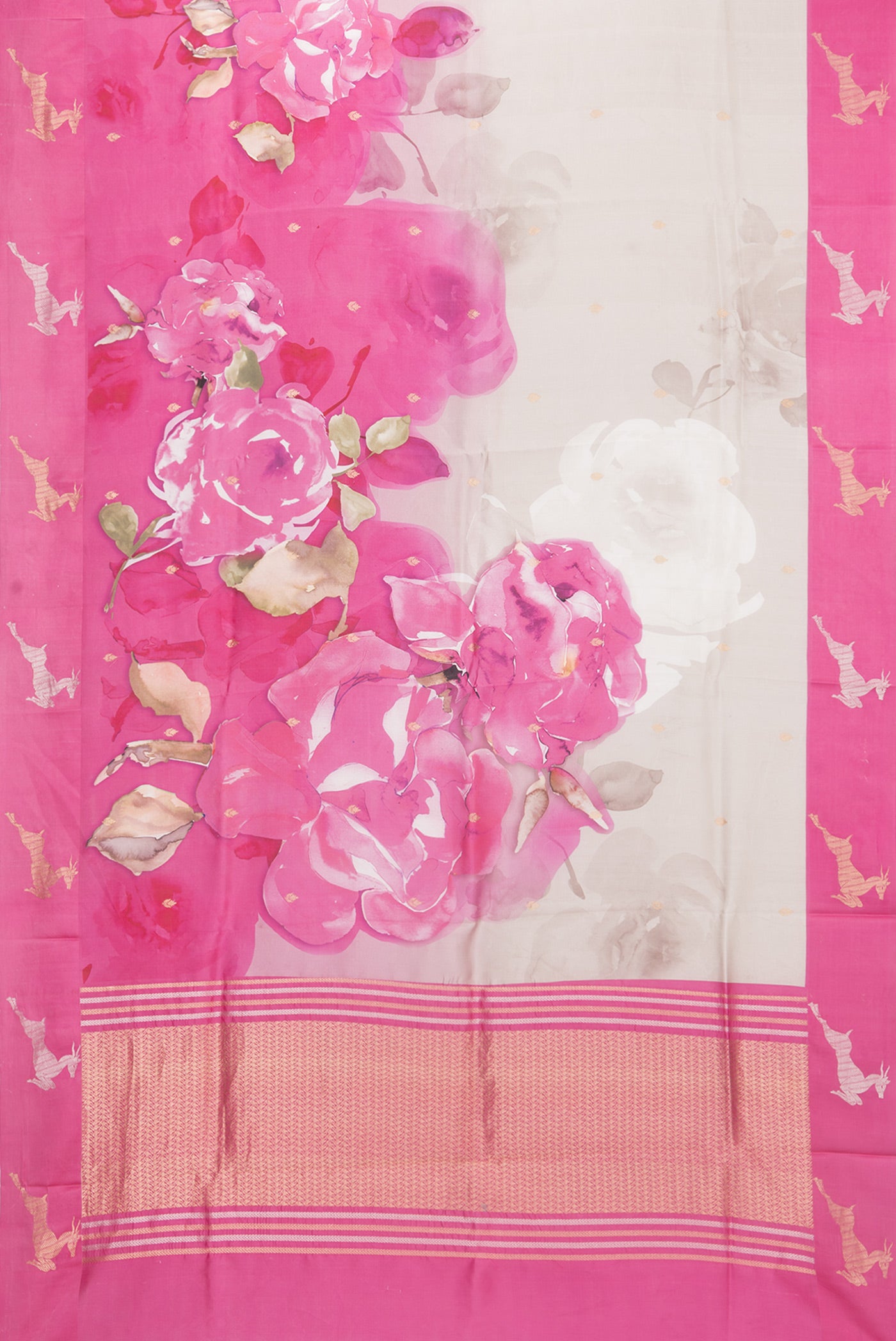 Flat view of Pure Silk Grey Tussar Saree with Floral Print on the body and Fancy Border. 