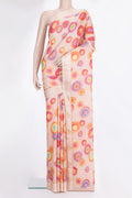 Golden Peach Tussar Saree with Printed design on the body and Fancy Border.  displayed on a mannequin