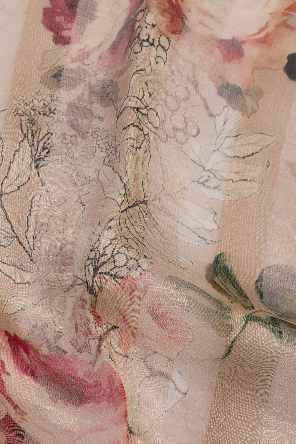 Close up of Beige Organza Saree with Printed design on the body and Zari Border.  displaying folds