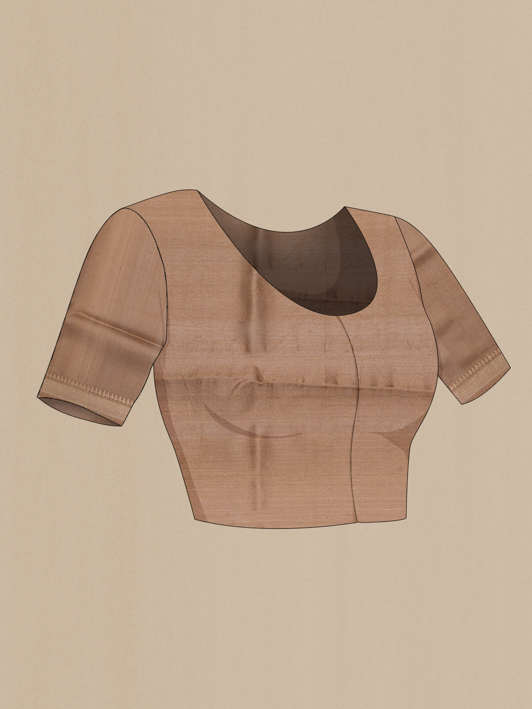 Close up image of the blouse of Pure Silk Rose Gold Dual Tone Tussar Saree with Stripes on the body and Zari Border. 