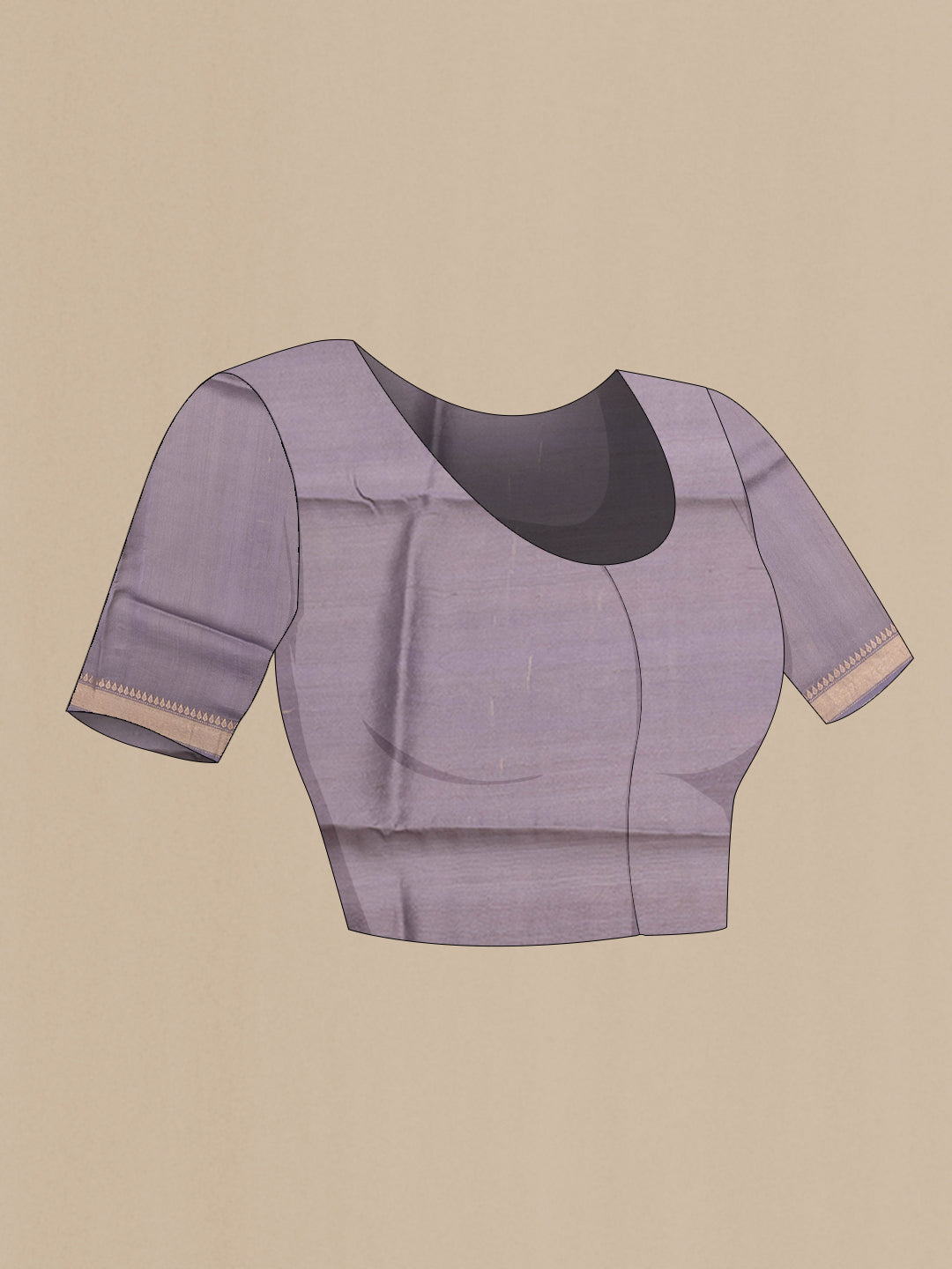 Close up image of the blouse of Lavender Organza Silk Saree with Stripes on the body and Zari Border. 