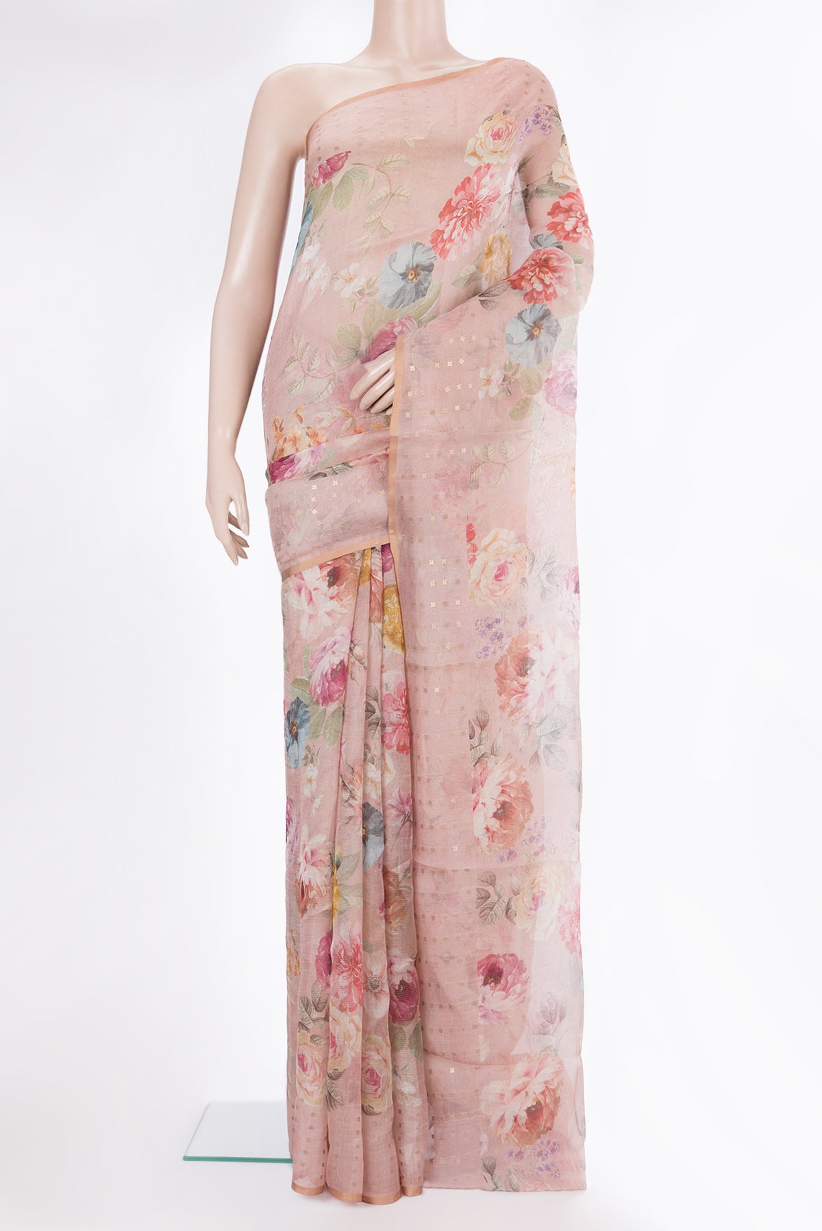 Rose Gold Dual Tone Tussar Saree with Floral Print on the body and Sequin Border.  displayed on a mannequin