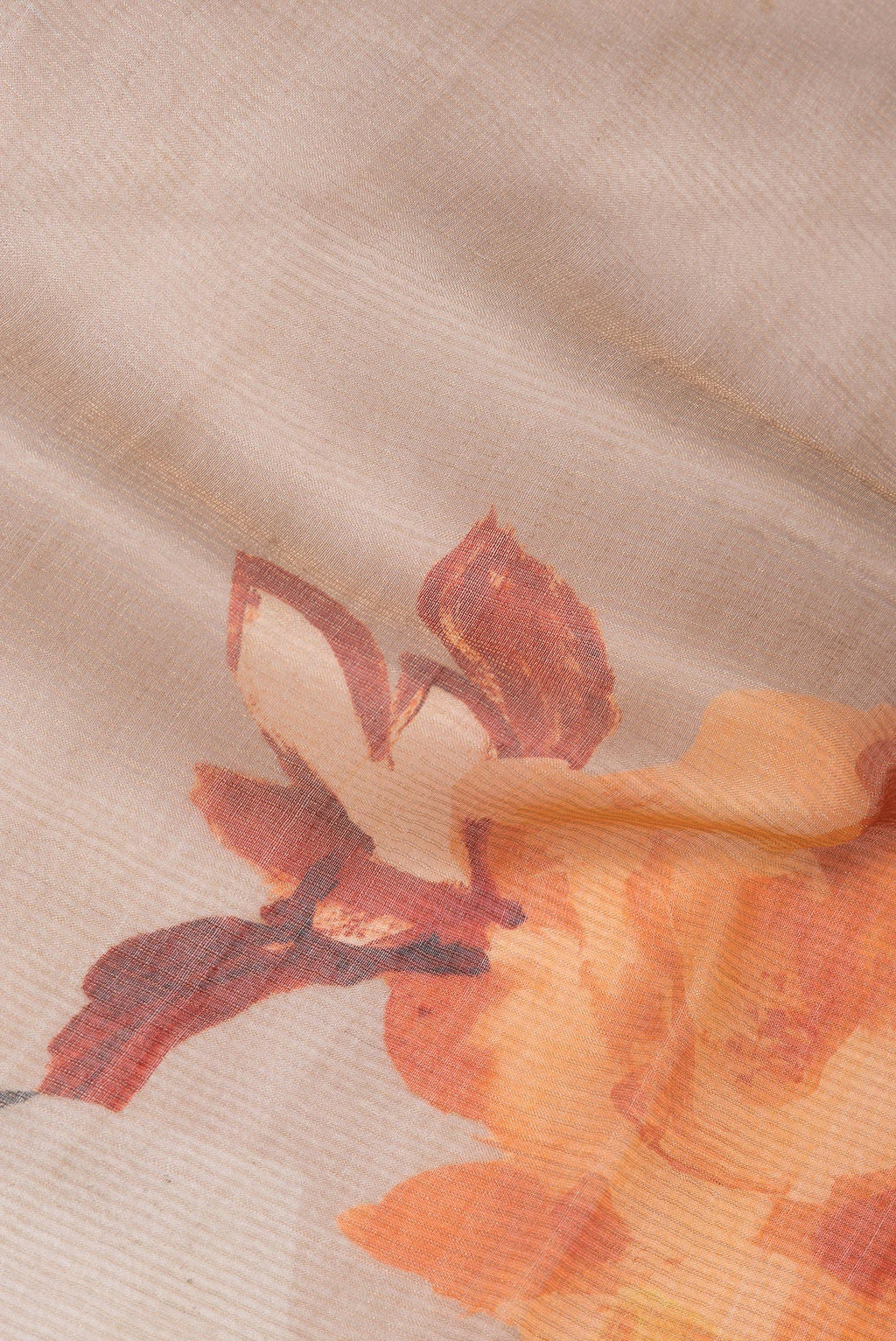 Close up of Dark Beige Tussar Saree with Floral Print on the body and Sequin Border.  displaying folds