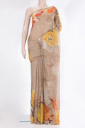 Dark Beige Tussar Saree with Floral Print on the body and Sequin Border.  displayed on a mannequin