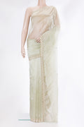 Pure Silk Beige Dual Tone Tussar Saree with Printed design on the body and Fancy Border.  displayed on a mannequin