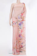 Golden Peach Tussar Saree with Floral Print on the body and Sequin Border.  displayed on a mannequin