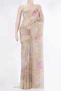 Beige Tussar Saree with Floral Print on the body and Sequin Border.  displayed on a mannequin