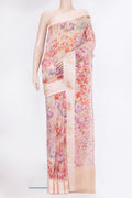 Golden Peach Organza Silk Saree with Floral Print on the body and Fancy Border.  displayed on a mannequin