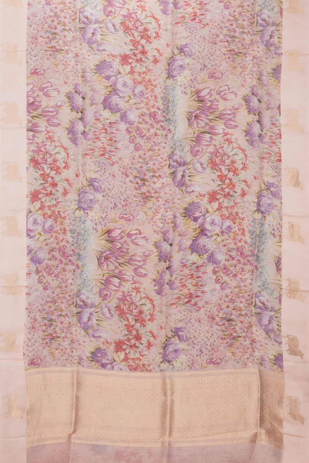 Flat view of Golden Peach Organza Silk Saree with Floral Print on the body and Fancy Border. 