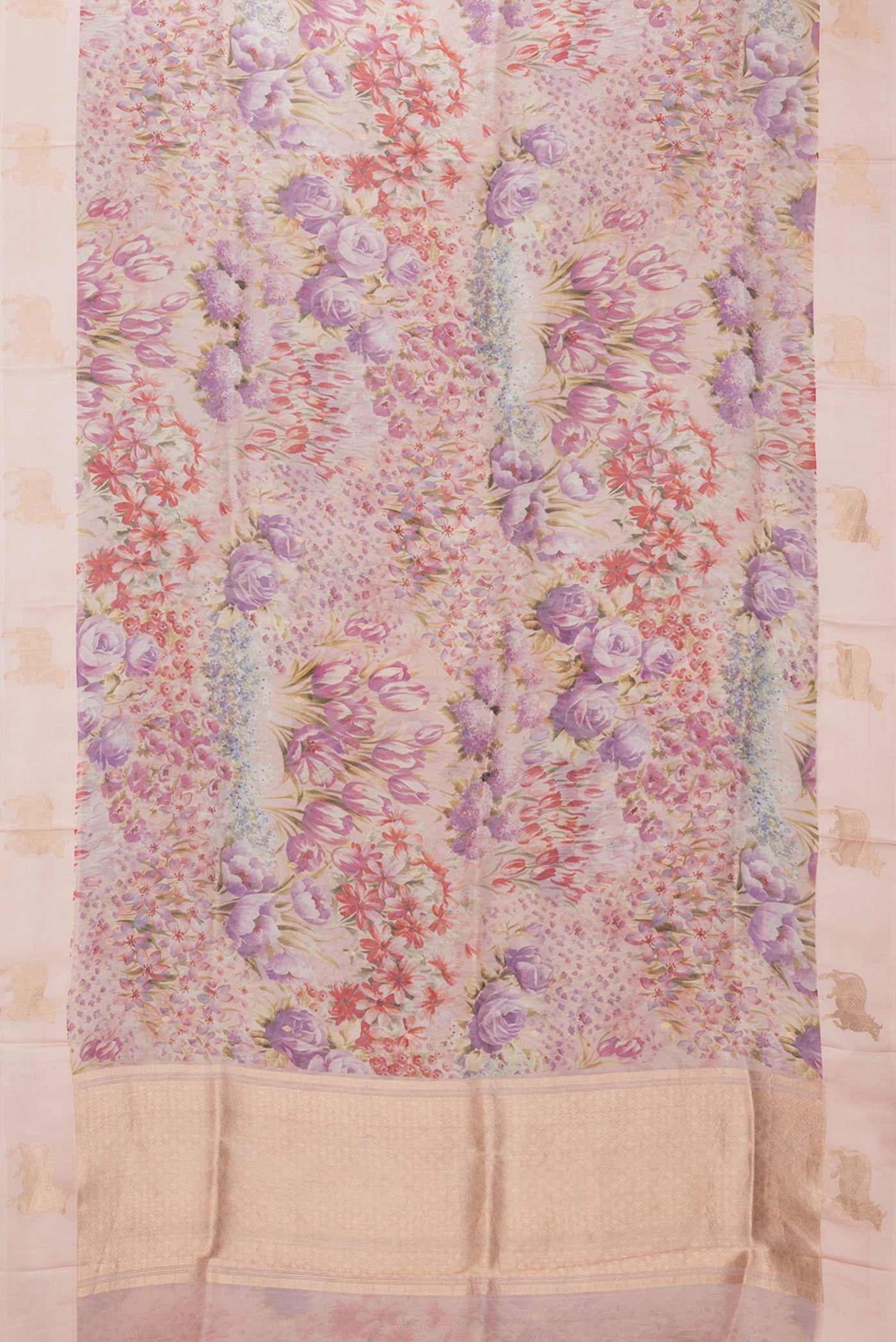 Flat view of Golden Peach Organza Silk Saree with Floral Print on the body and Fancy Border. 
