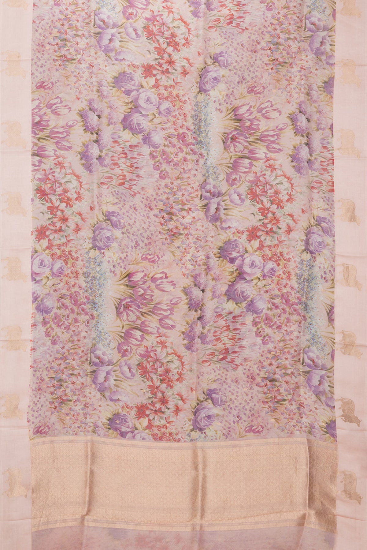 Flat view of Golden Peach Organza Silk Saree with Floral Print on the body and Fancy Border. 