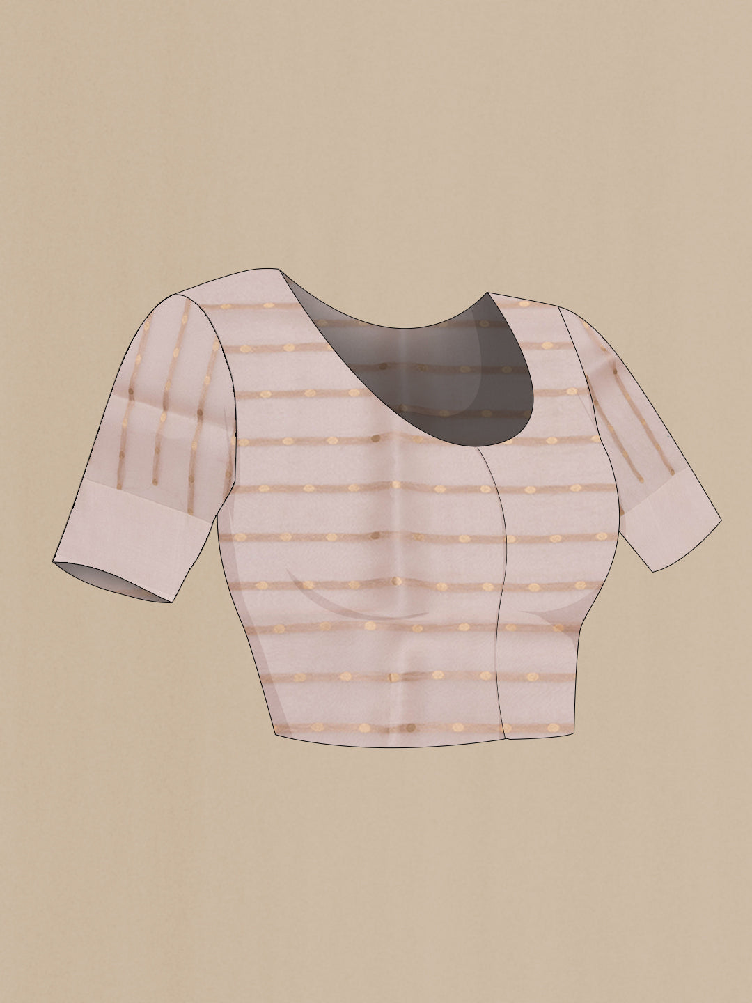 Close up image of the blouse of Rose Gold Organza Silk Saree with Floral Print on the body and Fancy Border. 