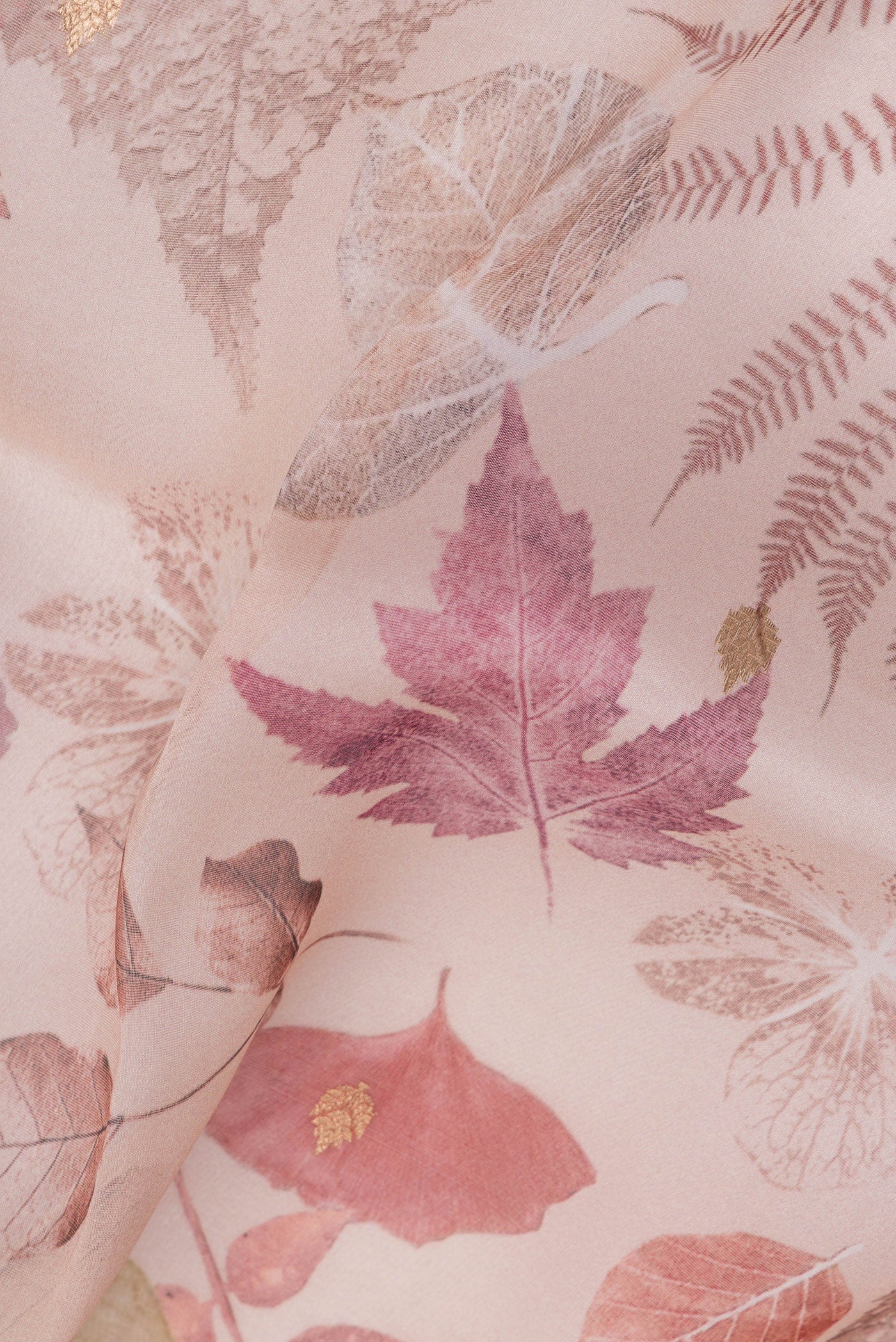 Close up of Rose Gold Organza Silk Saree with Floral Print on the body and Fancy Border.  displaying folds