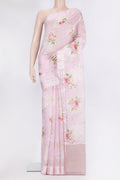 Pure Silk Lavender Tussar Saree with Floral Print on the body and Zari Border.  displayed on a mannequin