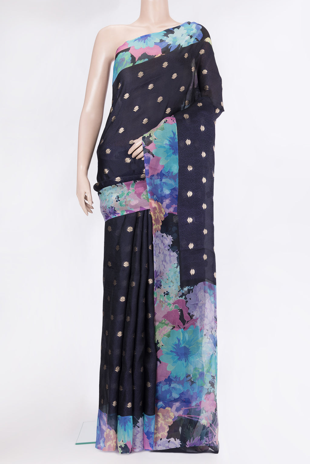 Navy Blue Organza Silk Saree with Jacquard With Zari Butta on the body and Fancy Border.  displayed on a mannequin
