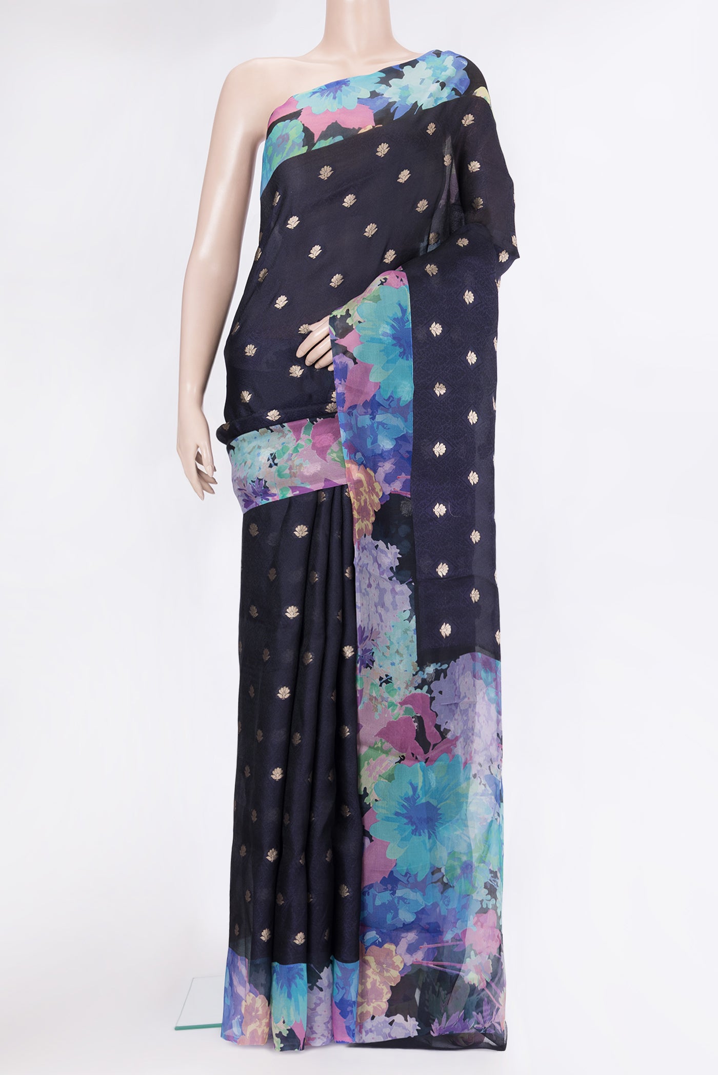 Navy Blue Organza Silk Saree with Jacquard With Zari Butta on the body and Fancy Border.  displayed on a mannequin