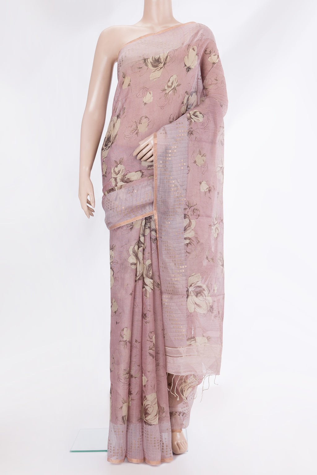 Rose Gold Tussar Saree with Floral Print on the body and Sequin Border.  displayed on a mannequin