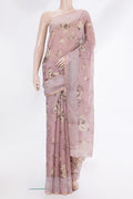 Rose Gold Tussar Saree with Floral Print on the body and Sequin Border.  displayed on a mannequin