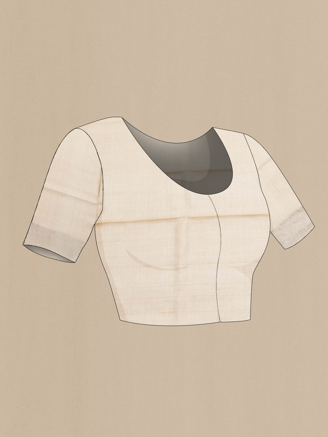 Close up image of the blouse of Beige Tussar Silk Saree with Floral Print on the body and Plain Border. 