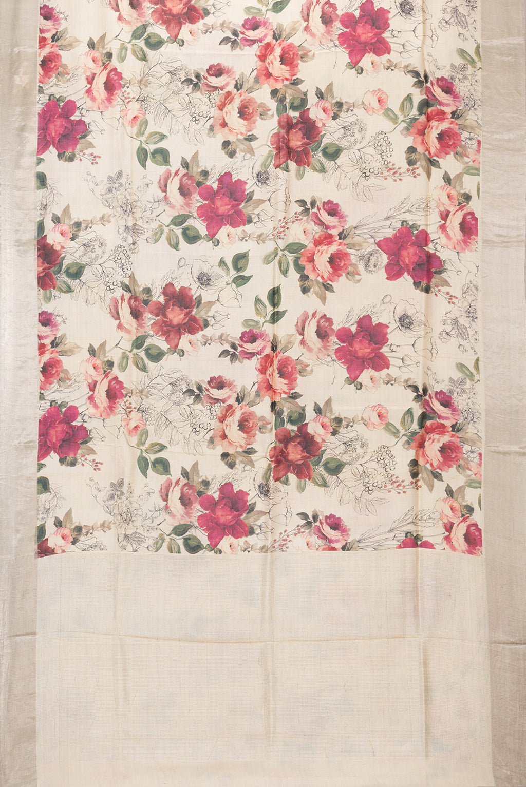 Flat view of Beige Tussar Silk Saree with Floral Print on the body and Plain Border. 