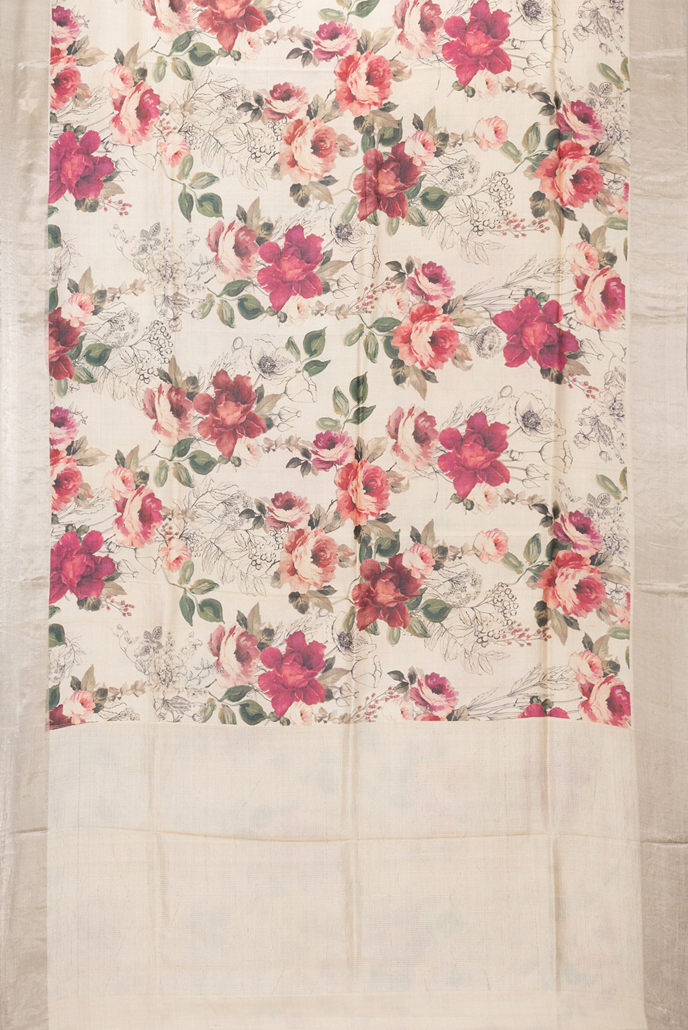 Flat view of Beige Tussar Silk Saree with Floral Print on the body and Plain Border. 
