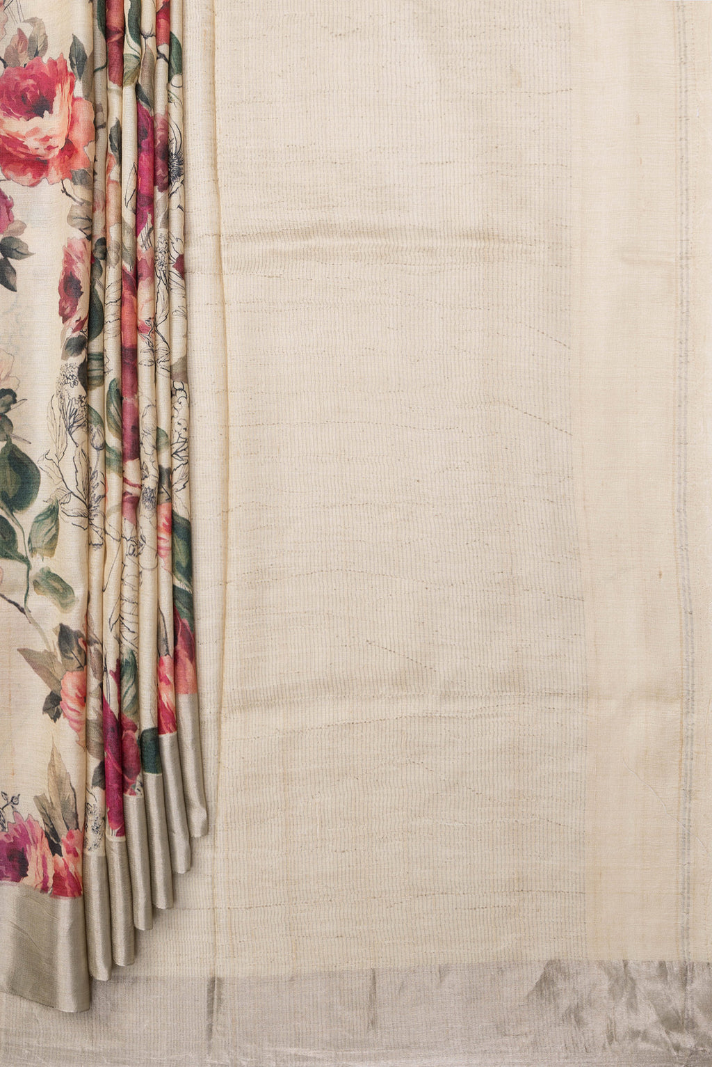 Pleats and pallu of Beige Tussar Silk Saree with Floral Print on the body and Plain Border. 