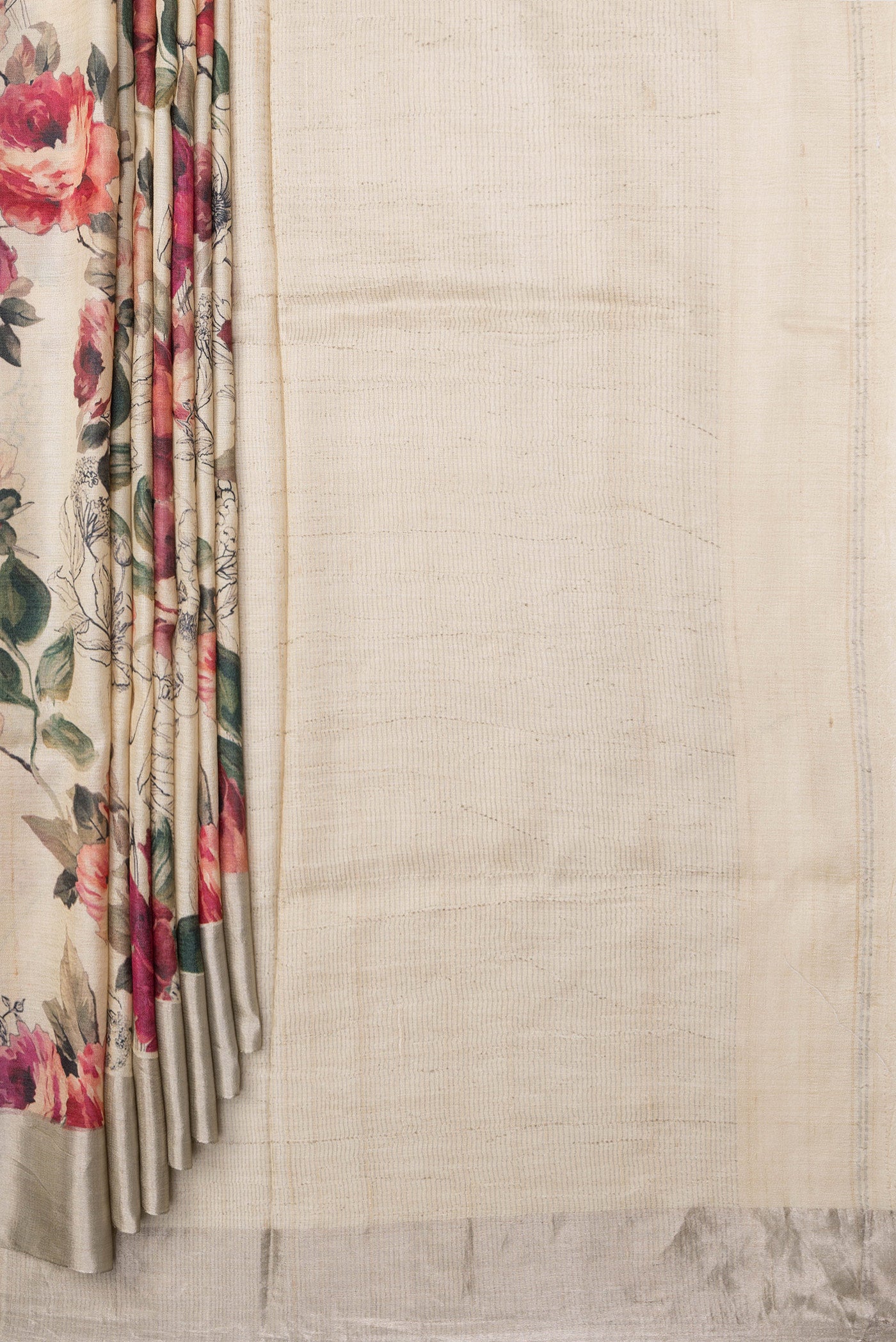Pleats and pallu of Beige Tussar Silk Saree with Floral Print on the body and Plain Border. 