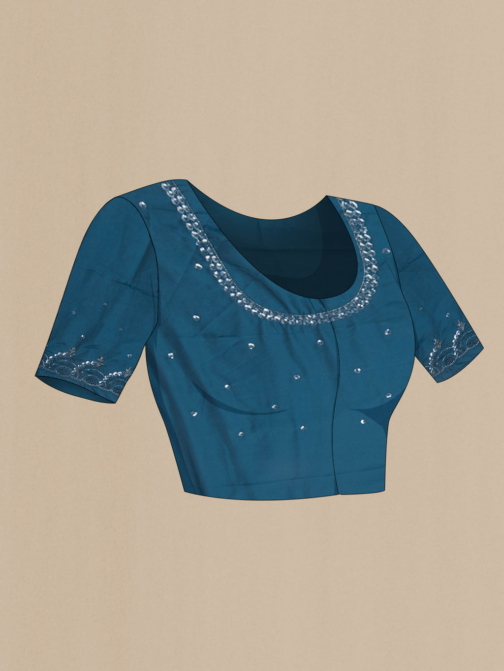 Close up image of the blouse of Peacock Blue Blended Satin Crepe Saree with Embroidery on the body and Embroidery Border. 