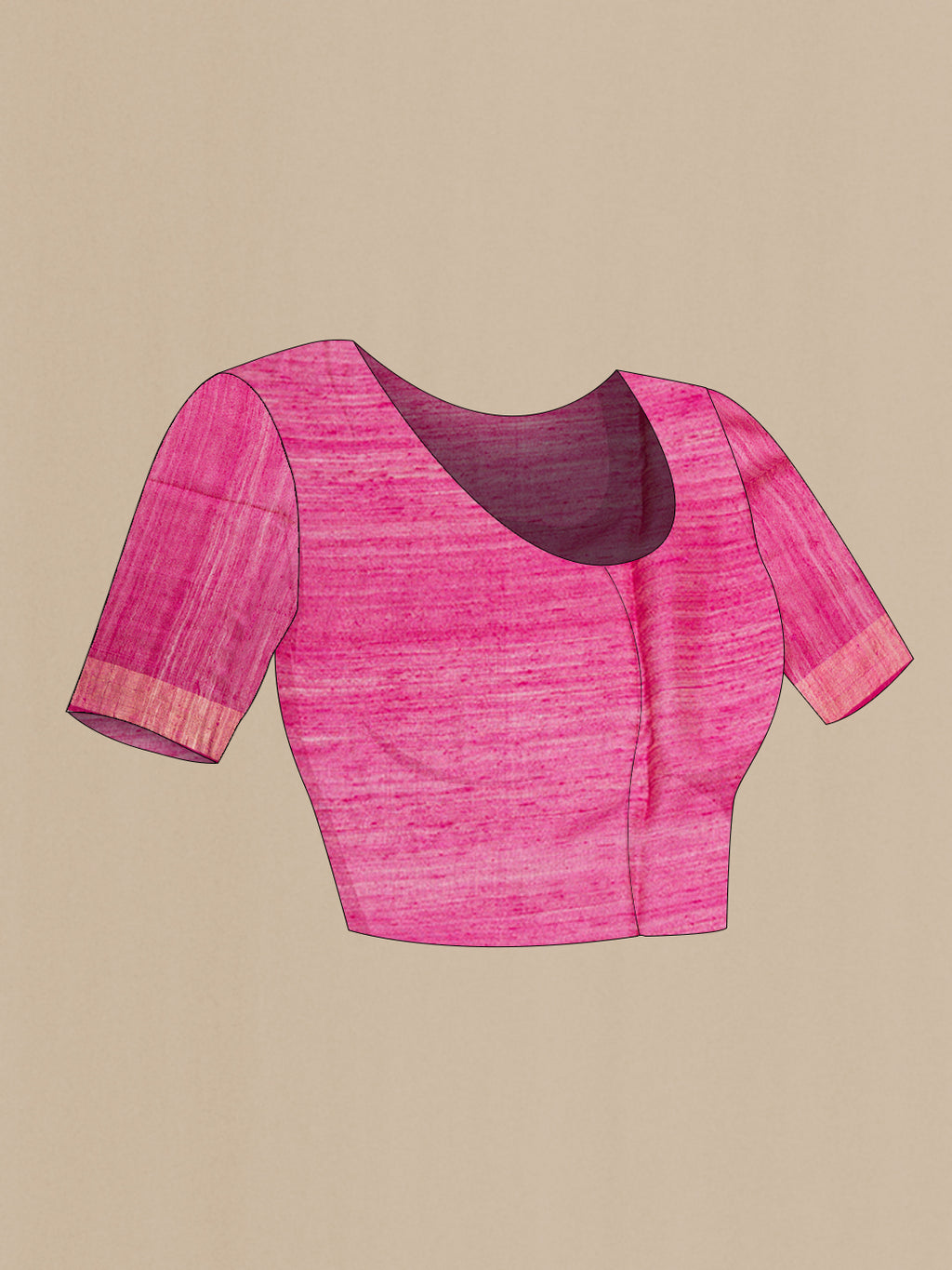 Close up image of the blouse of Pure Silk Dark Pink Tussar Saree with Embroidery on the body and Zari Border. 