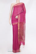 Pure Silk Dark Pink Tussar Saree with Embroidery on the body and Zari Border.  displayed on a mannequin