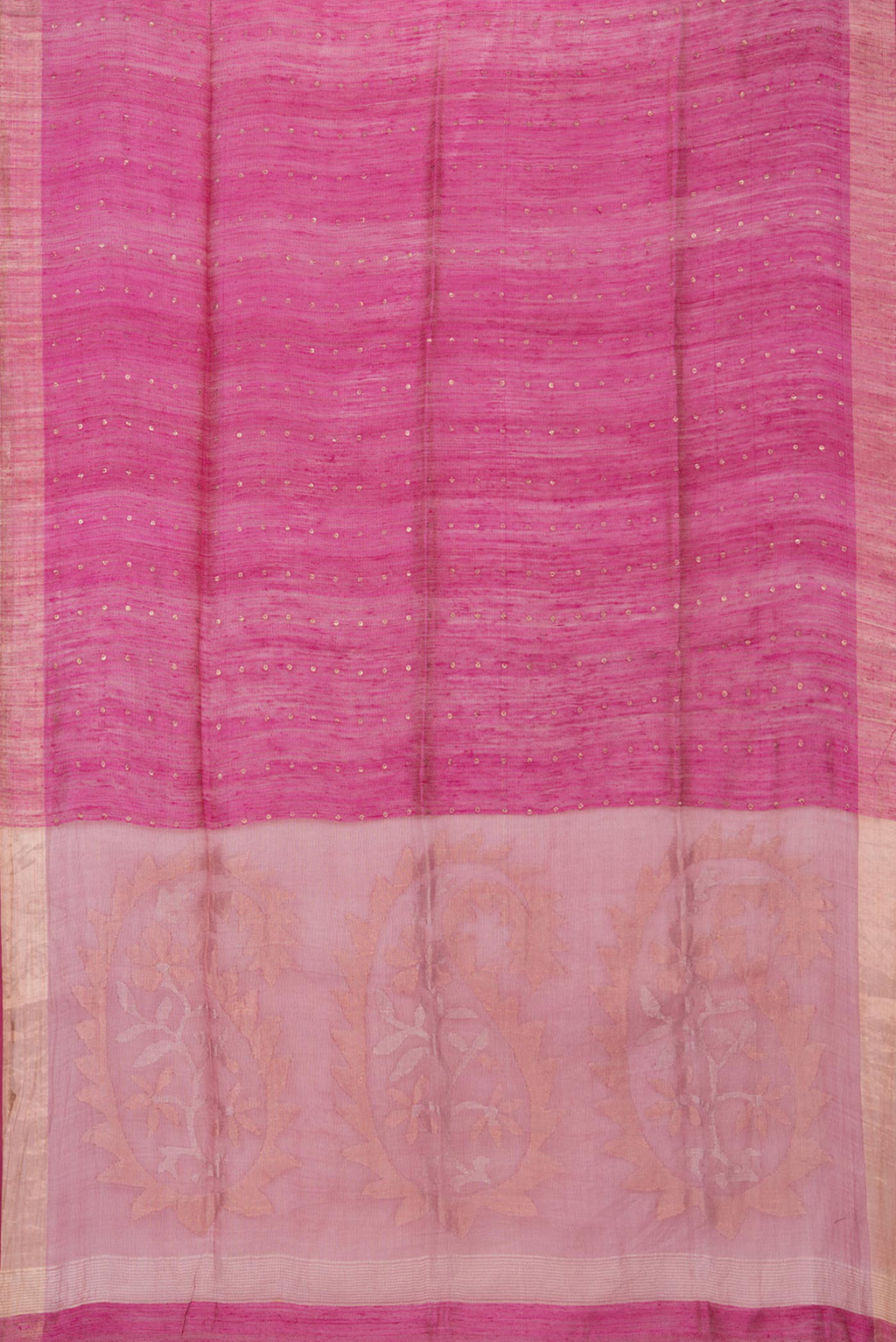 Flat view of Pure Silk Dark Pink Tussar Saree with Embroidery on the body and Zari Border. 