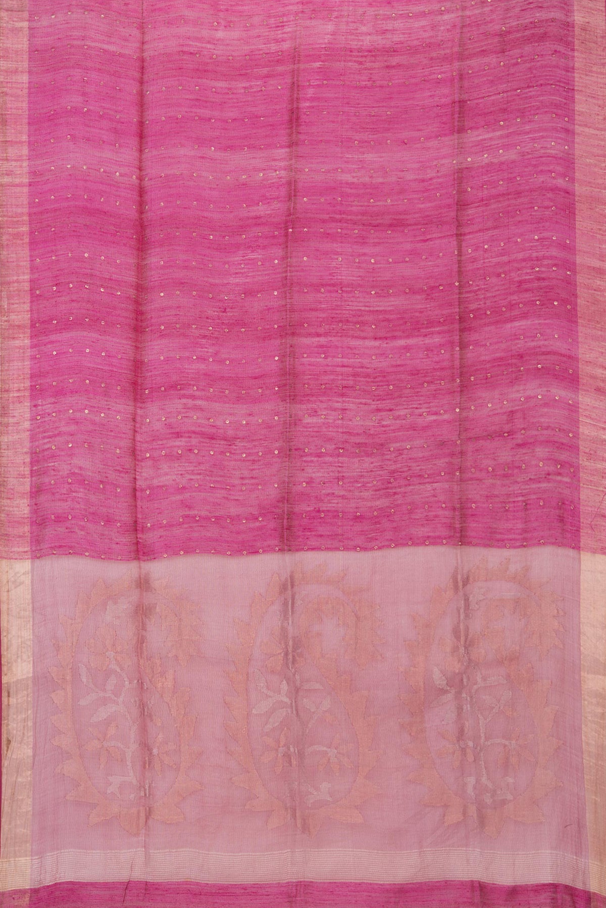 Flat view of Pure Silk Dark Pink Tussar Saree with Embroidery on the body and Zari Border. 