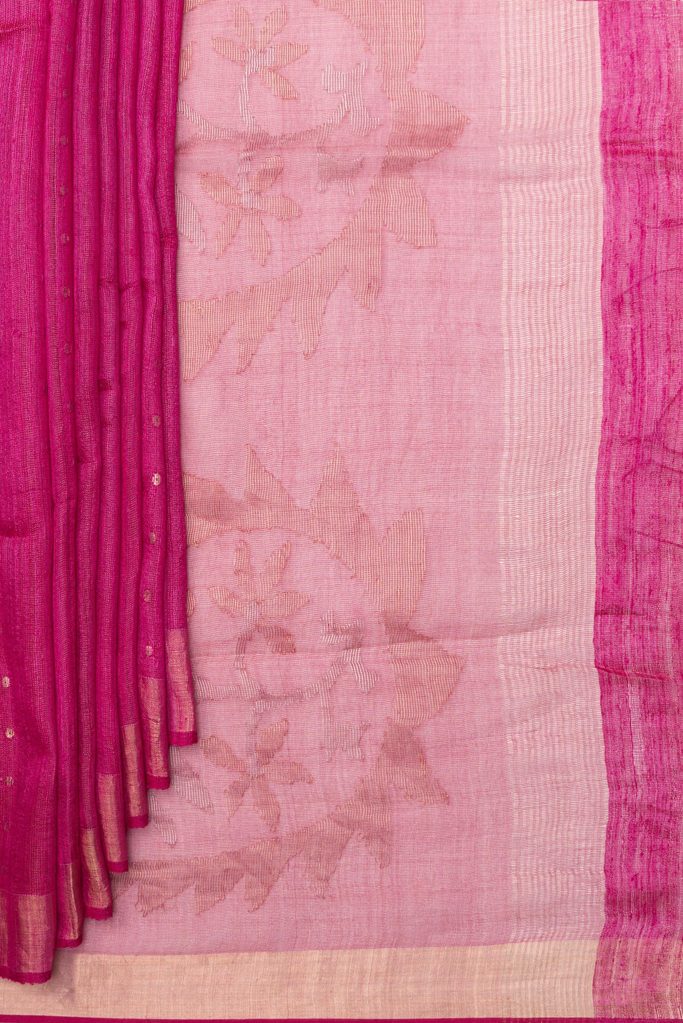 Pleats and pallu of Pure Silk Dark Pink Tussar Saree with Embroidery on the body and Zari Border. 