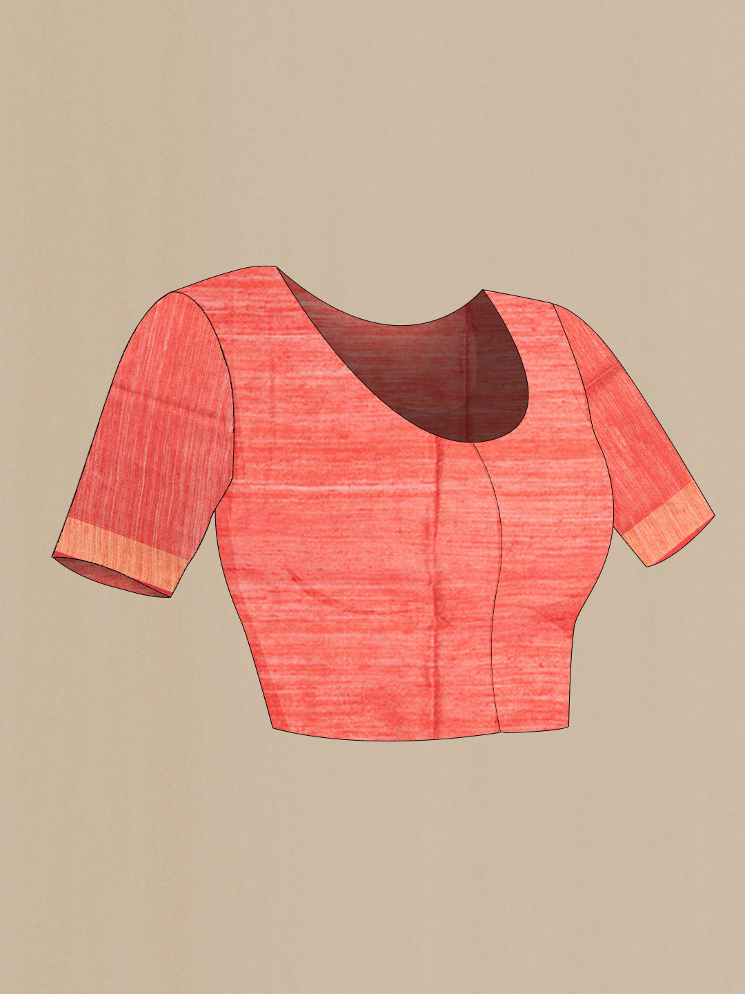 Close up image of the blouse of Pure Silk Orange Tussar Saree with Embroidery on the body and Zari Border. 