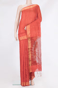 Pure Silk Orange Tussar Saree with Embroidery on the body and Zari Border.  displayed on a mannequin
