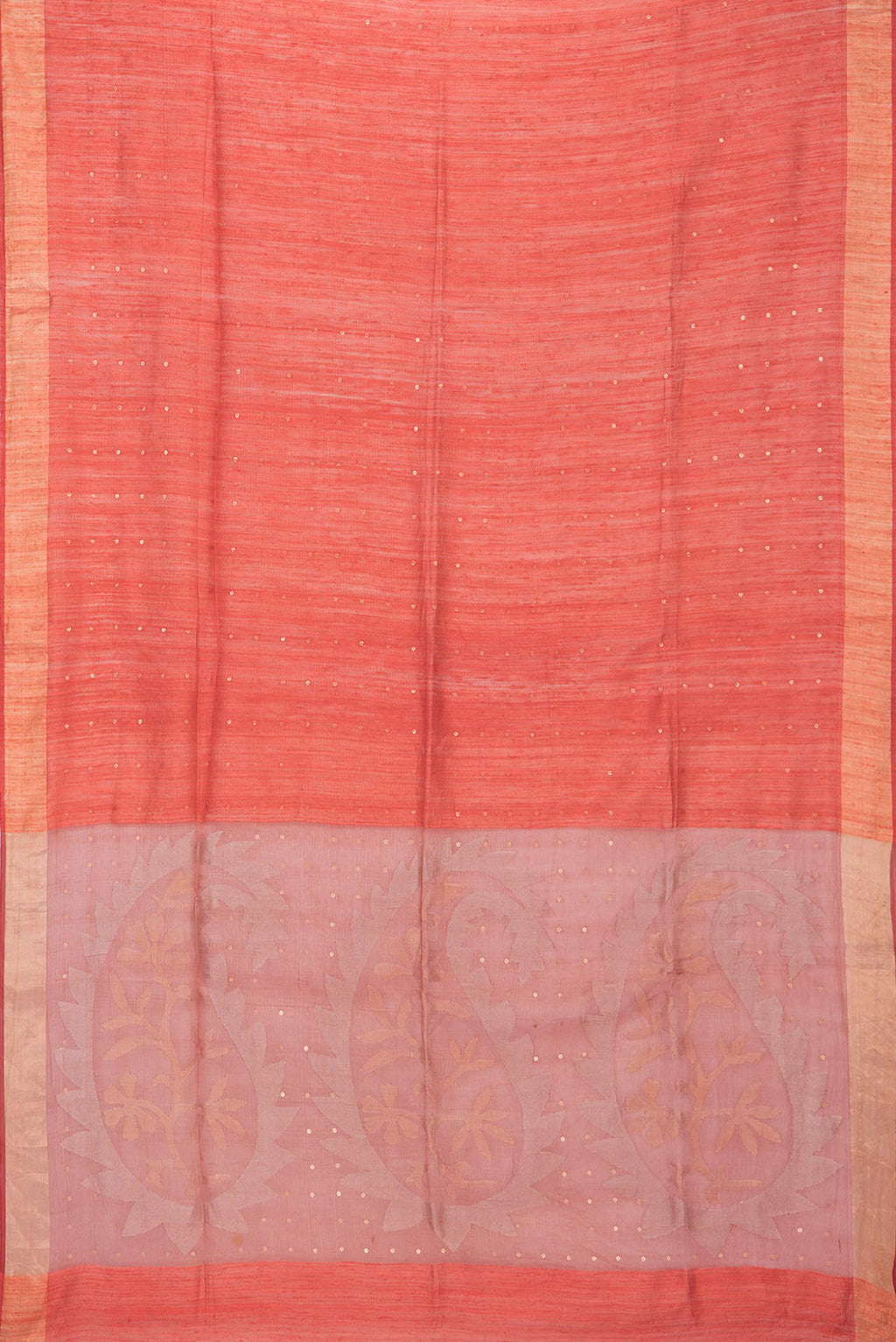 Flat view of Pure Silk Orange Tussar Saree with Embroidery on the body and Zari Border. 