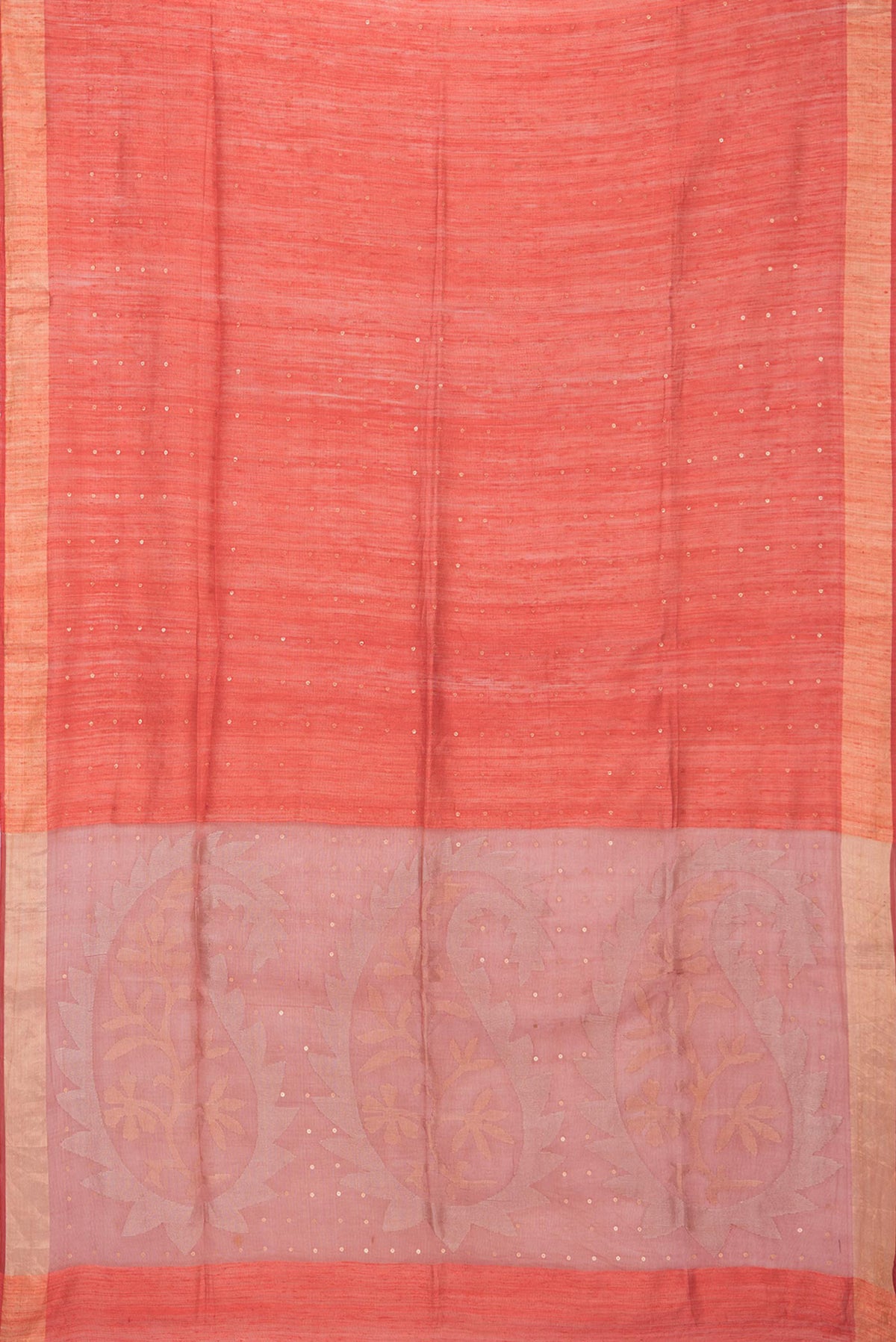 Flat view of Pure Silk Orange Tussar Saree with Embroidery on the body and Zari Border. 