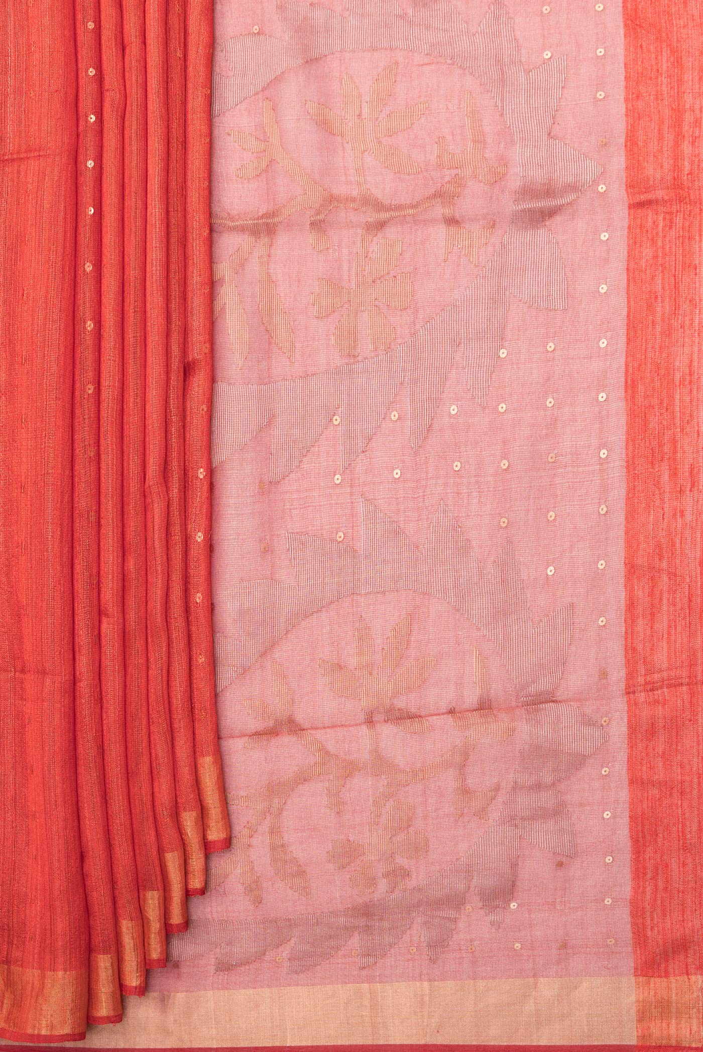 Pleats and pallu of Pure Silk Orange Tussar Saree with Embroidery on the body and Zari Border. 