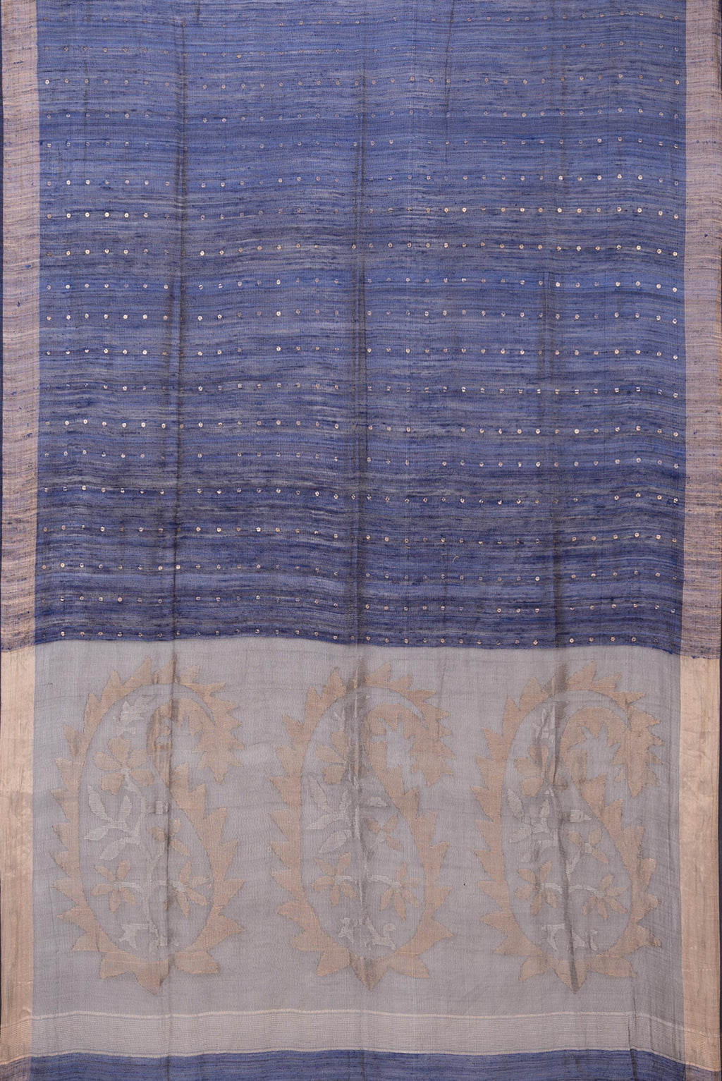 Flat view of Pure Silk Dark Blue Tussar Saree with Embroidery on the body and Zari Border. 