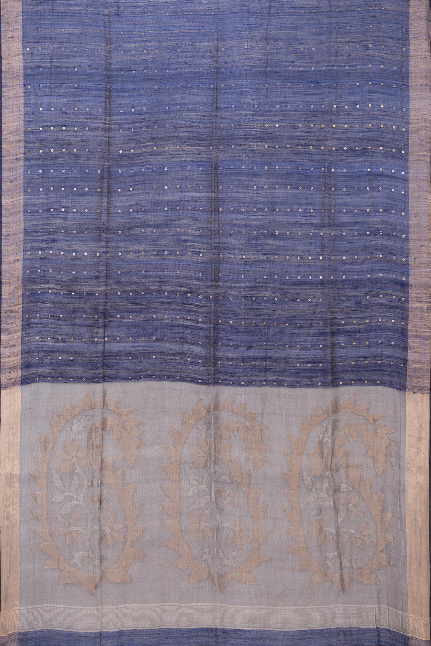 Flat view of Pure Silk Dark Blue Tussar Saree with Embroidery on the body and Zari Border. 